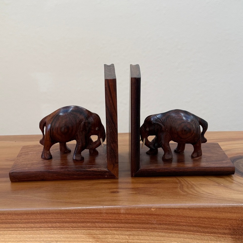 Vintage 70s Handcarved Teakwood Folk-Art Southeast Asian Elephant Bookends